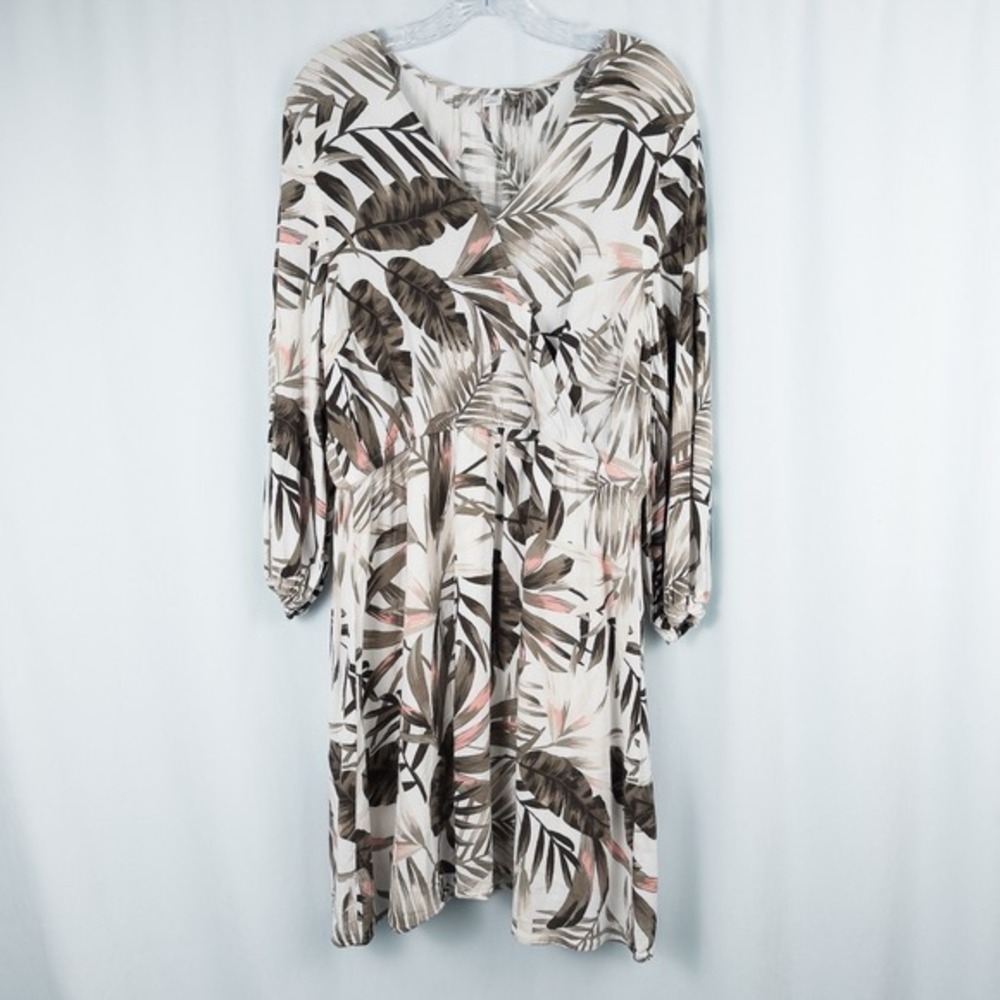 Old Navy Cross Front Crepe Long Sleeve Dress XL White Palm Print Tropical Resort